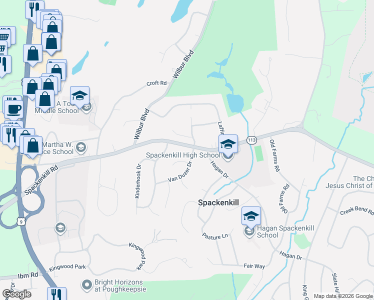 map of restaurants, bars, coffee shops, grocery stores, and more near 2 Van Duzer Drive in Poughkeepsie