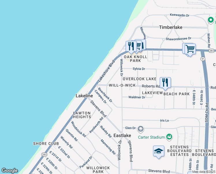 map of restaurants, bars, coffee shops, grocery stores, and more near 33862 Roberts Road in Eastlake