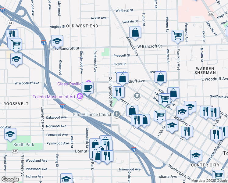 map of restaurants, bars, coffee shops, grocery stores, and more near 1910 Collingwood Boulevard in Toledo