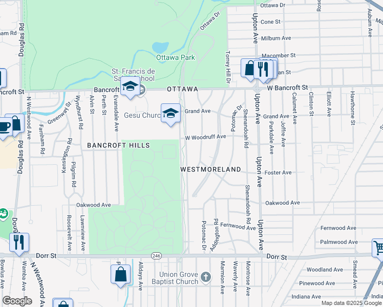 map of restaurants, bars, coffee shops, grocery stores, and more near 1959 Richmond Road in Toledo