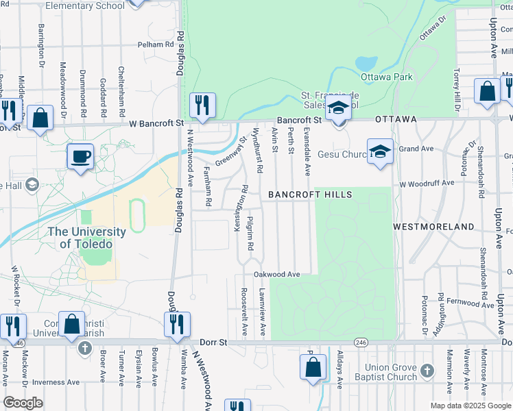 map of restaurants, bars, coffee shops, grocery stores, and more near 2529 Greenbriar Road in Toledo