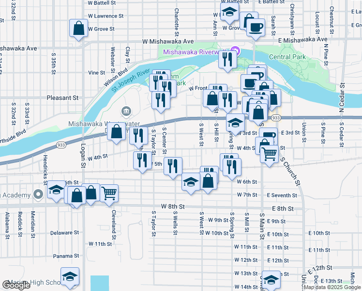 map of restaurants, bars, coffee shops, grocery stores, and more near 206 South Wells Street in Mishawaka