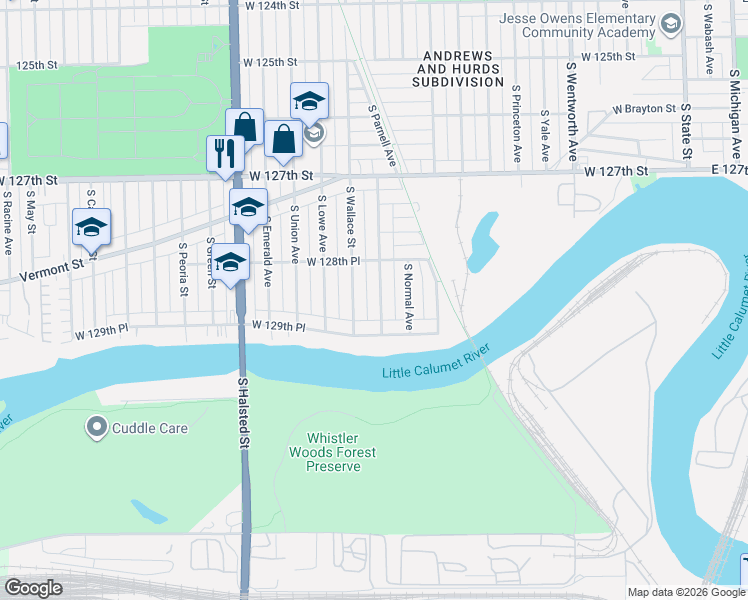 map of restaurants, bars, coffee shops, grocery stores, and more near 12905 South Wallace Street in Chicago
