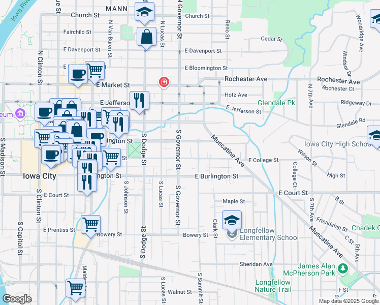 map of restaurants, bars, coffee shops, grocery stores, and more near 112 South Governor Street in Iowa City