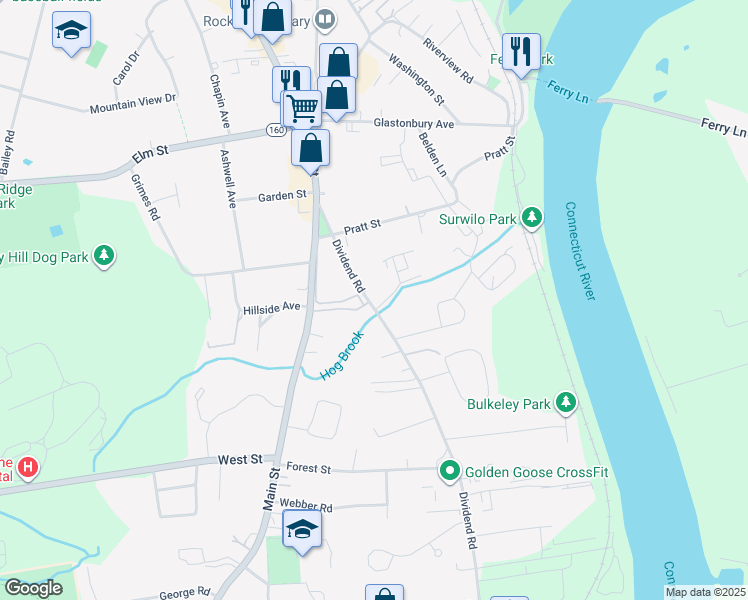 map of restaurants, bars, coffee shops, grocery stores, and more near 41 Dividend Road in Rocky Hill