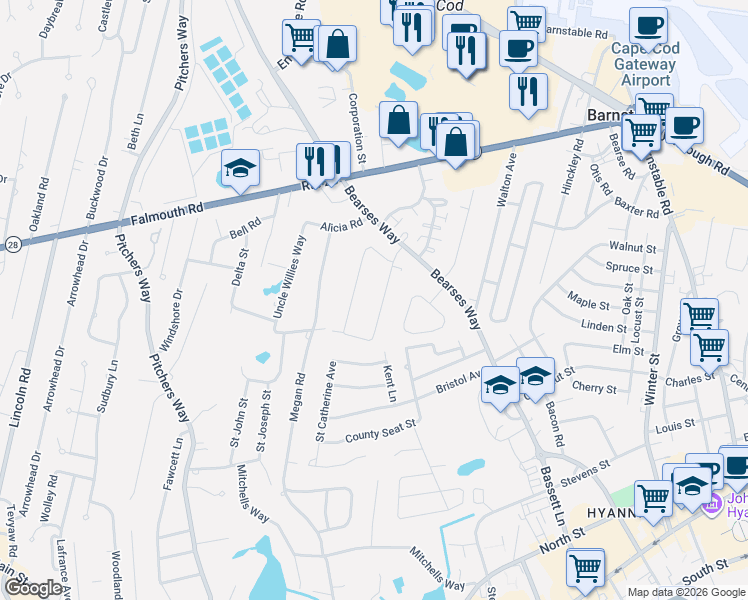 map of restaurants, bars, coffee shops, grocery stores, and more near 62 Kelley Road in Barnstable