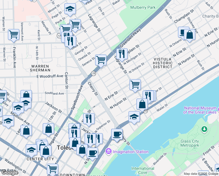 map of restaurants, bars, coffee shops, grocery stores, and more near 800 Walnut Street in Toledo