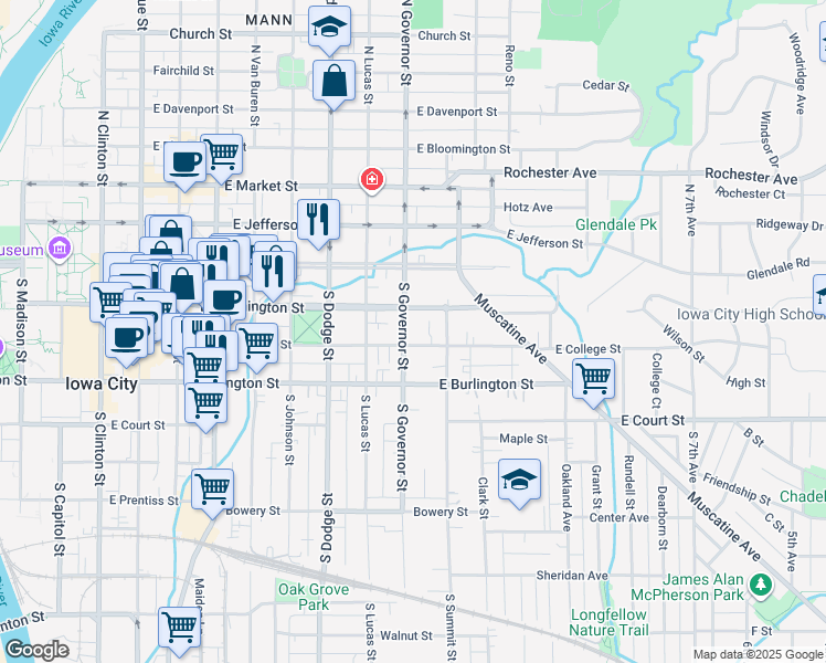 map of restaurants, bars, coffee shops, grocery stores, and more near 906 East College Street in Iowa City
