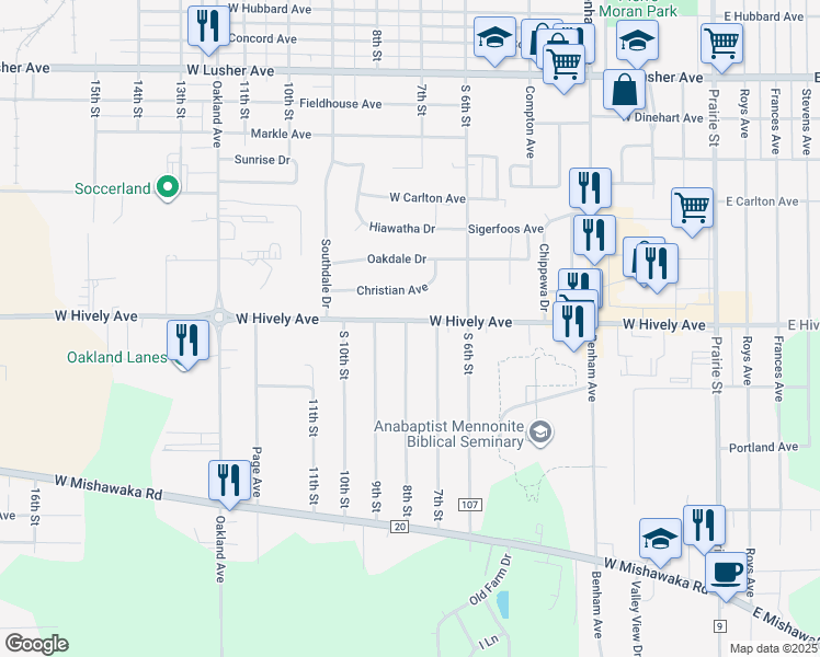 map of restaurants, bars, coffee shops, grocery stores, and more near 753 West Hively Avenue in Elkhart