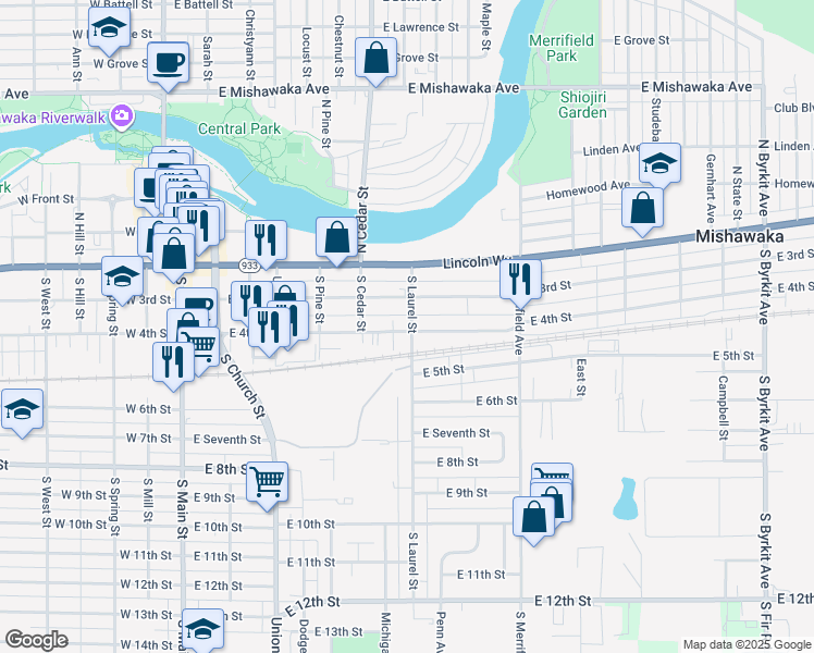map of restaurants, bars, coffee shops, grocery stores, and more near 644 East 4th Street in Mishawaka