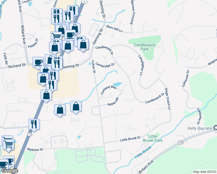 map of restaurants, bars, coffee shops, grocery stores, and more near 58 Cortland Way in Newington