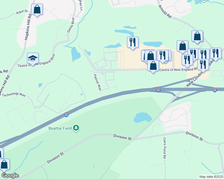map of restaurants, bars, coffee shops, grocery stores, and more near 12334 Patriot Way in West Greenwich
