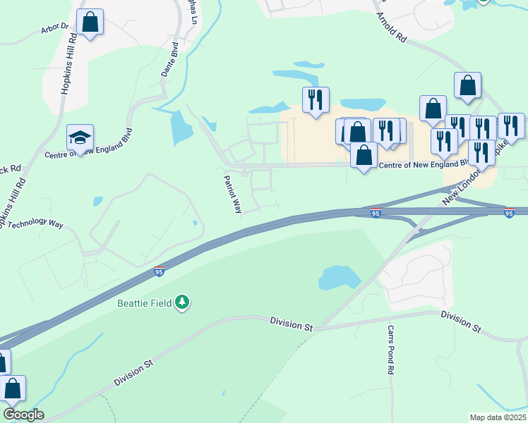 map of restaurants, bars, coffee shops, grocery stores, and more near 12224 Patriot Way in West Greenwich