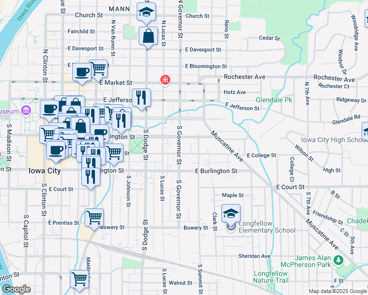 map of restaurants, bars, coffee shops, grocery stores, and more near 906 East College Street in Iowa City