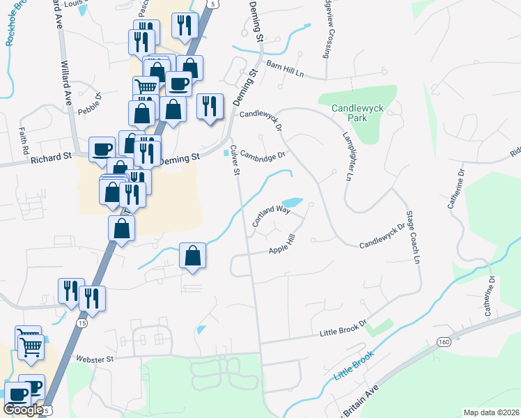 map of restaurants, bars, coffee shops, grocery stores, and more near 46 Cortland Way in Newington