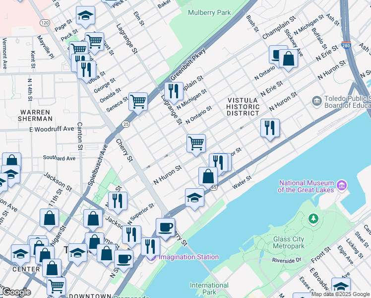 map of restaurants, bars, coffee shops, grocery stores, and more near 922 North Erie Street in Toledo