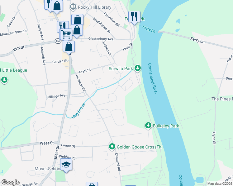 map of restaurants, bars, coffee shops, grocery stores, and more near 8 Woodland Road in Rocky Hill