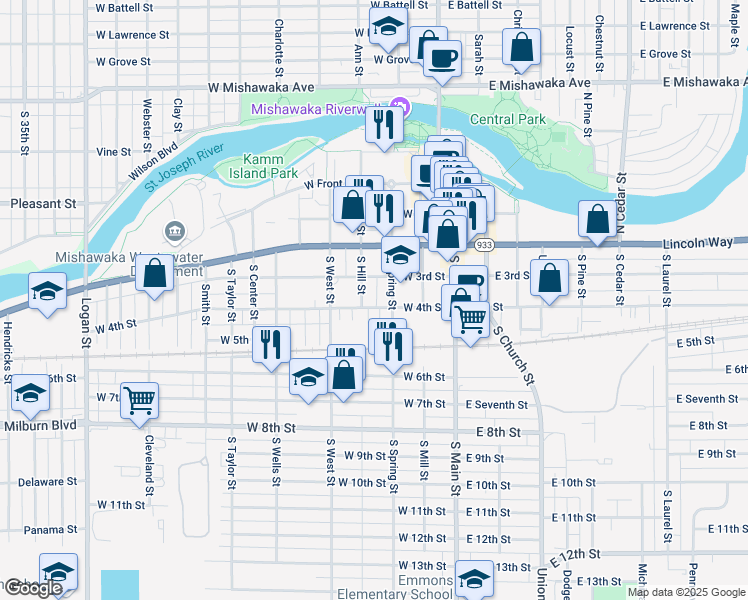 map of restaurants, bars, coffee shops, grocery stores, and more near 320 West 4th Street in Mishawaka