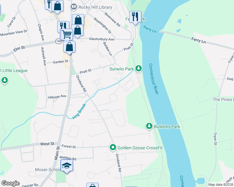map of restaurants, bars, coffee shops, grocery stores, and more near 8 Woodland Road in Rocky Hill