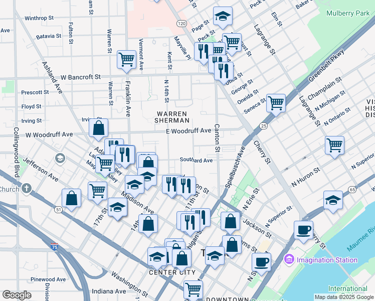 map of restaurants, bars, coffee shops, grocery stores, and more near 1915 North 12th Street in Toledo