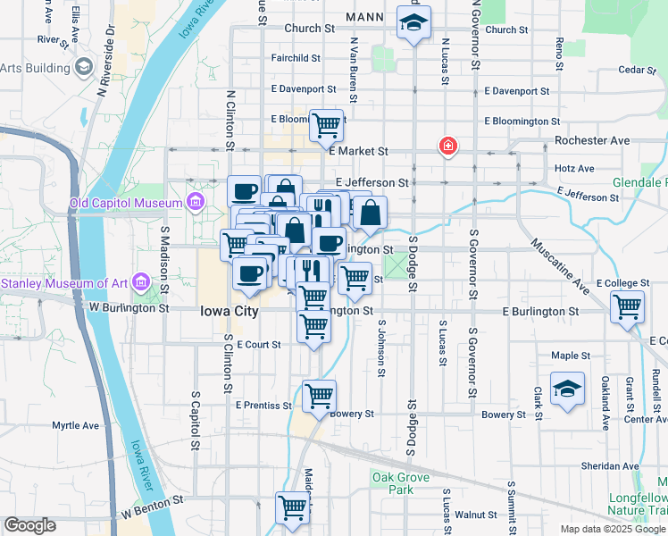 map of restaurants, bars, coffee shops, grocery stores, and more near 407 East Washington Street in Iowa City