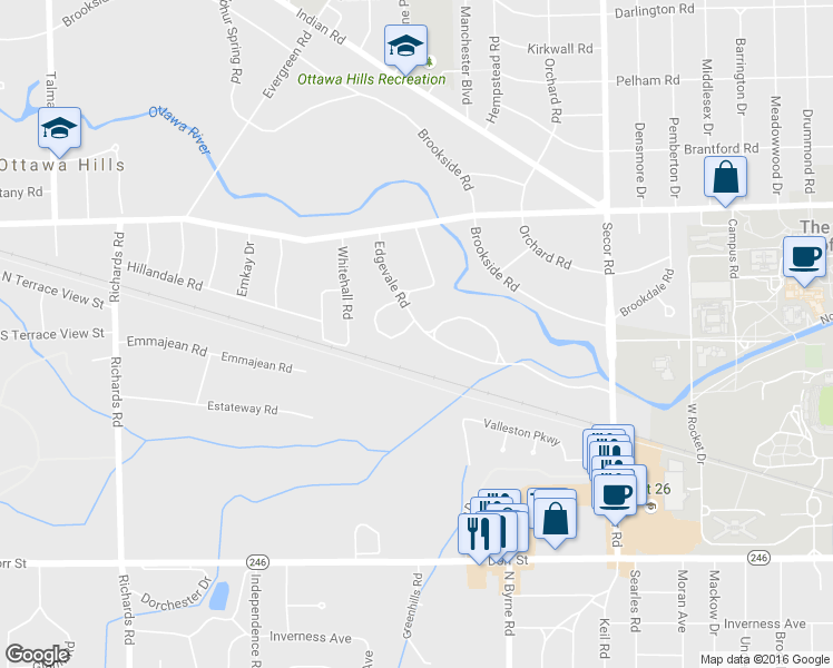 map of restaurants, bars, coffee shops, grocery stores, and more near 3 Canterbury Court in Toledo