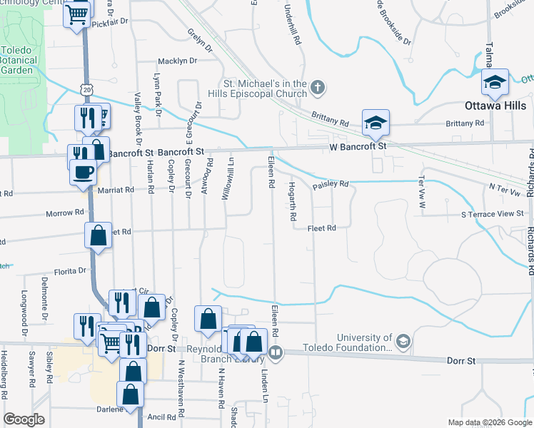 map of restaurants, bars, coffee shops, grocery stores, and more near 2030 Eileen Road in Toledo