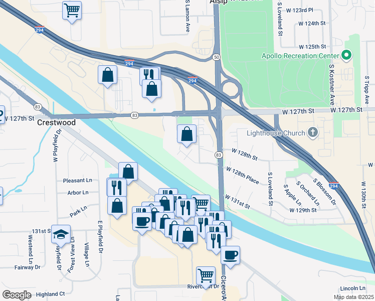 map of restaurants, bars, coffee shops, grocery stores, and more near 4900 West 128th Place in Alsip