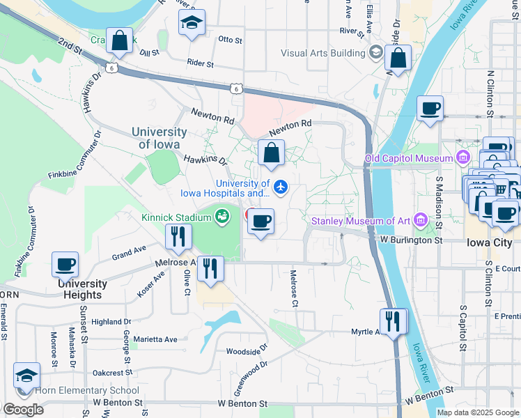 map of restaurants, bars, coffee shops, grocery stores, and more near in Iowa City