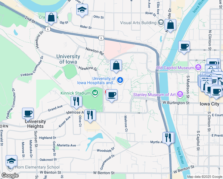 map of restaurants, bars, coffee shops, grocery stores, and more near in Iowa City