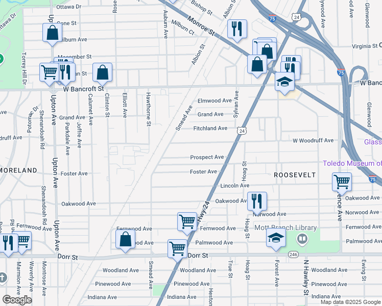 map of restaurants, bars, coffee shops, grocery stores, and more near 1354 Prospect Ave in Toledo