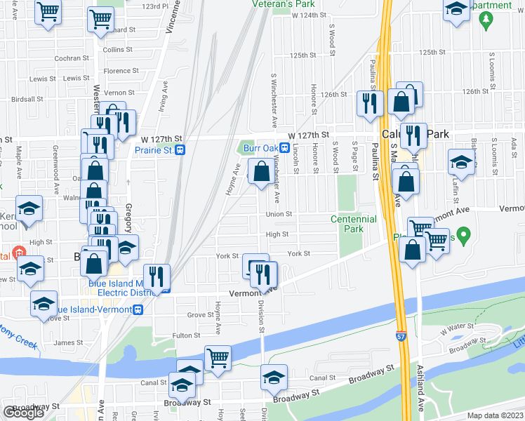 map of restaurants, bars, coffee shops, grocery stores, and more near 12855 Division Street in Blue Island