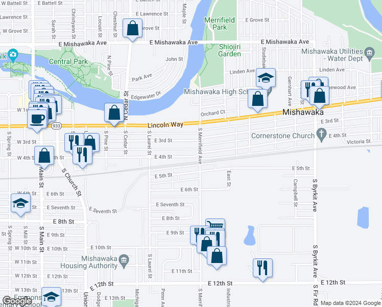 map of restaurants, bars, coffee shops, grocery stores, and more near 842 East 4th Street in Mishawaka