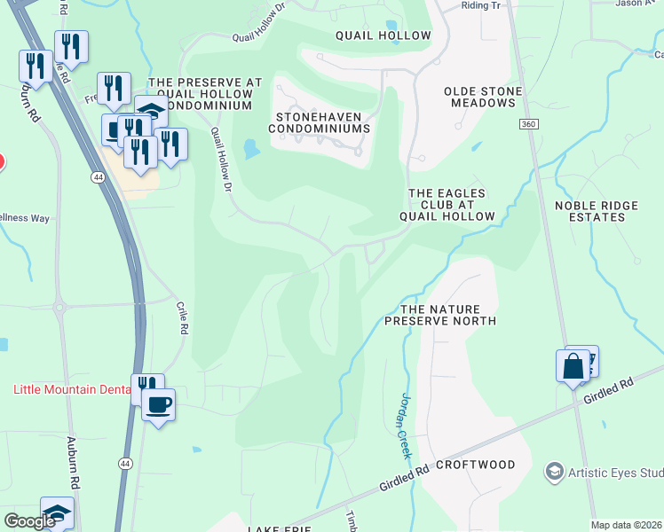 map of restaurants, bars, coffee shops, grocery stores, and more near 7759 Rockdove Lane in Painesville