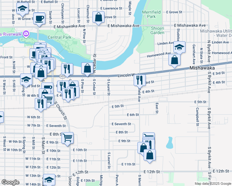 map of restaurants, bars, coffee shops, grocery stores, and more near 724 East 4th Street in Mishawaka