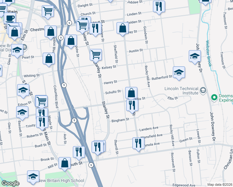 map of restaurants, bars, coffee shops, grocery stores, and more near 49 Schultz Street in New Britain