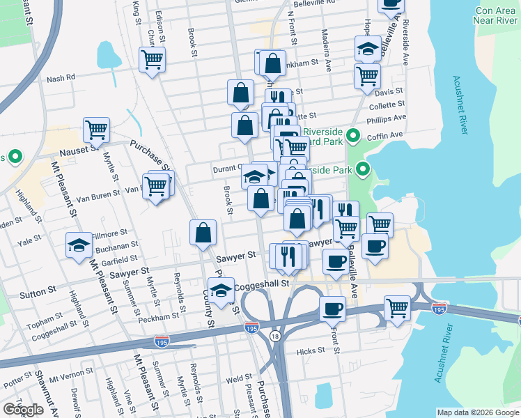 map of restaurants, bars, coffee shops, grocery stores, and more near 92 Nye Street in New Bedford