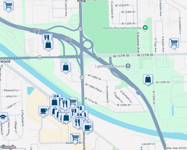 map of restaurants, bars, coffee shops, grocery stores, and more near 12763 South Spencer Street in Alsip