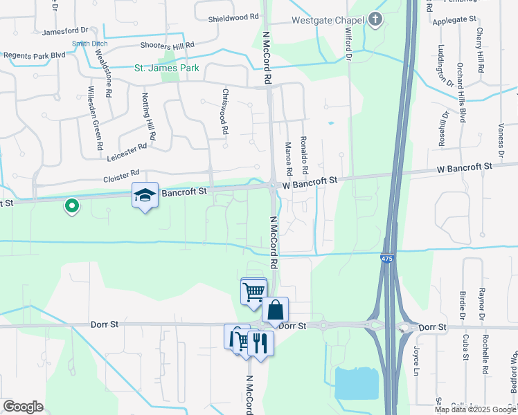 map of restaurants, bars, coffee shops, grocery stores, and more near 2151 North McCord Road in Toledo