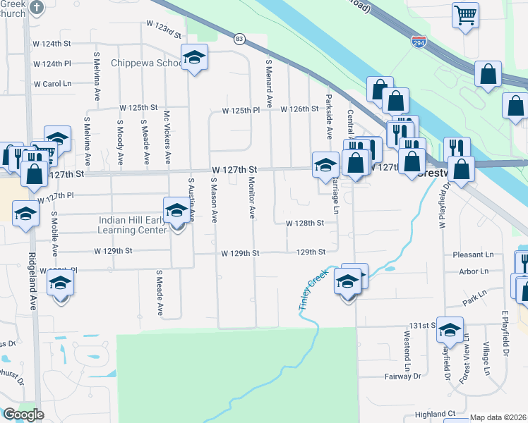 map of restaurants, bars, coffee shops, grocery stores, and more near 12741 Monitor Avenue in Palos Heights