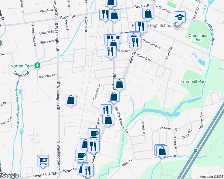 map of restaurants, bars, coffee shops, grocery stores, and more near 185 Whiting Street in Plainville