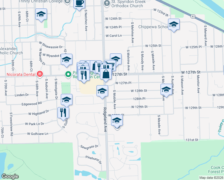 map of restaurants, bars, coffee shops, grocery stores, and more near 12741 South Ridgeland Avenue in Palos Heights