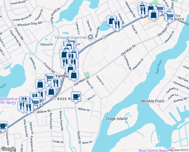 map of restaurants, bars, coffee shops, grocery stores, and more near 103 Old Main Street in Yarmouth