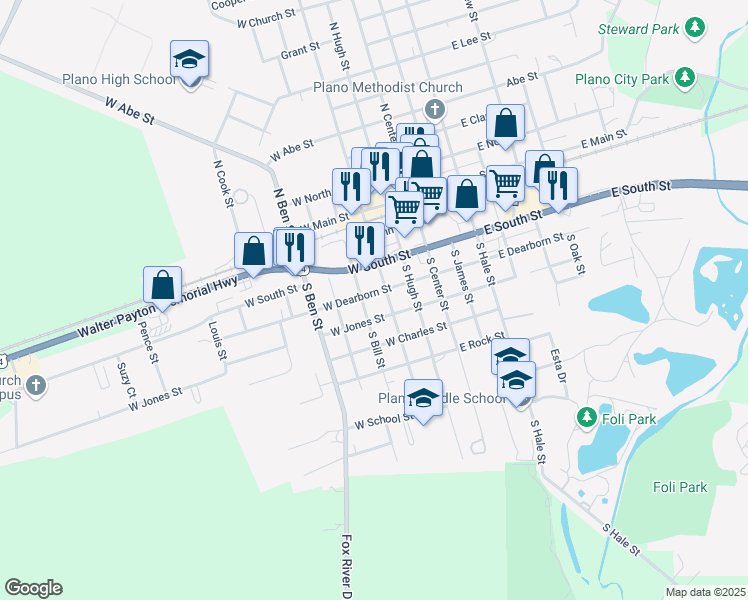 map of restaurants, bars, coffee shops, grocery stores, and more near 215 West Dearborn Street in Plano