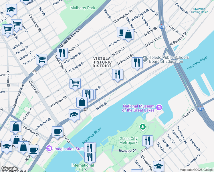 map of restaurants, bars, coffee shops, grocery stores, and more near 1202 North Superior Street in Toledo
