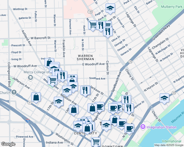 map of restaurants, bars, coffee shops, grocery stores, and more near 1915 North 12th Street in Toledo