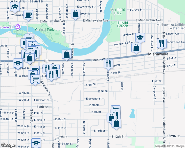 map of restaurants, bars, coffee shops, grocery stores, and more near 736 East 4th Street in Mishawaka