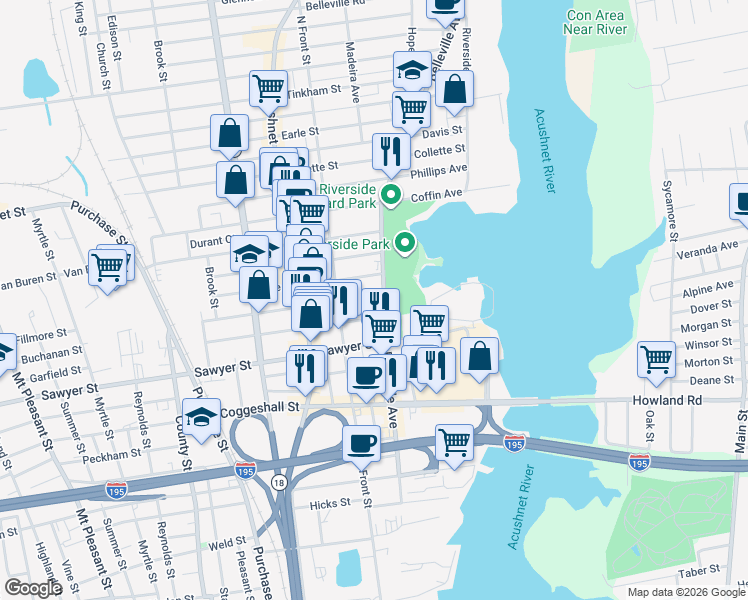 map of restaurants, bars, coffee shops, grocery stores, and more near 4 Tallman Street in New Bedford