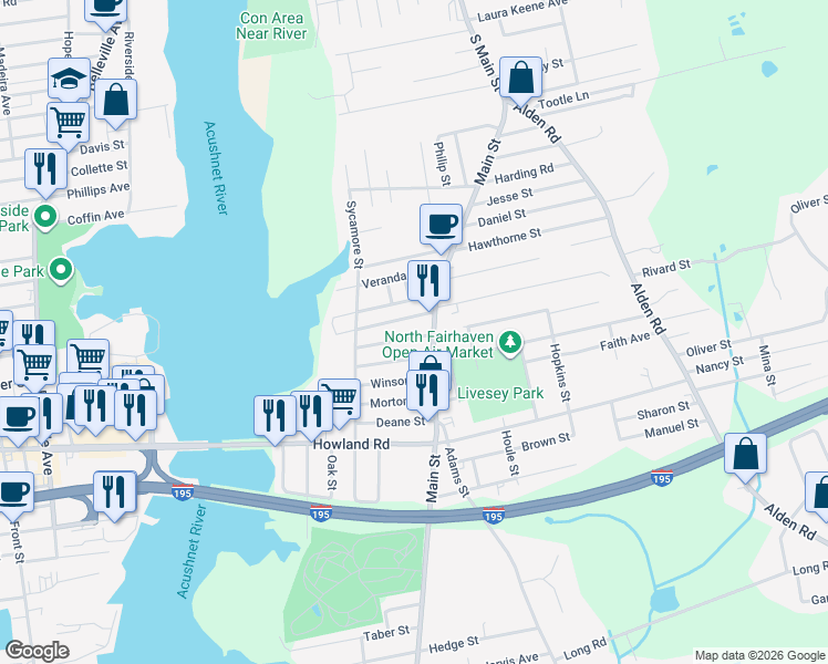 map of restaurants, bars, coffee shops, grocery stores, and more near 24 Dover Street in Fairhaven