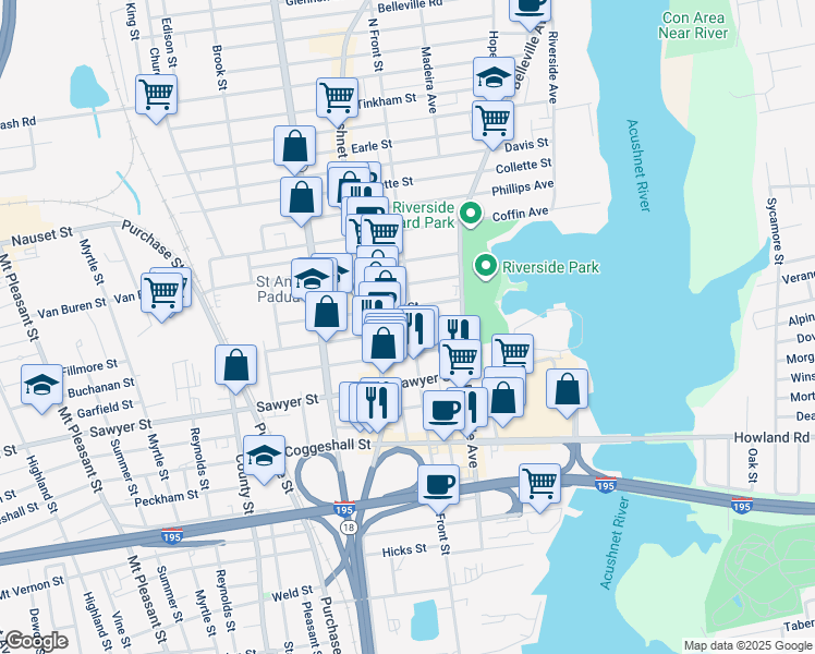 map of restaurants, bars, coffee shops, grocery stores, and more near 39 Tallman Street in New Bedford